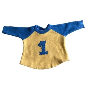 CASHMERE BASEBALL SWEATER 12MO VINTAGE UPCYCLED BLUE AND YELLOW NUMBER 1